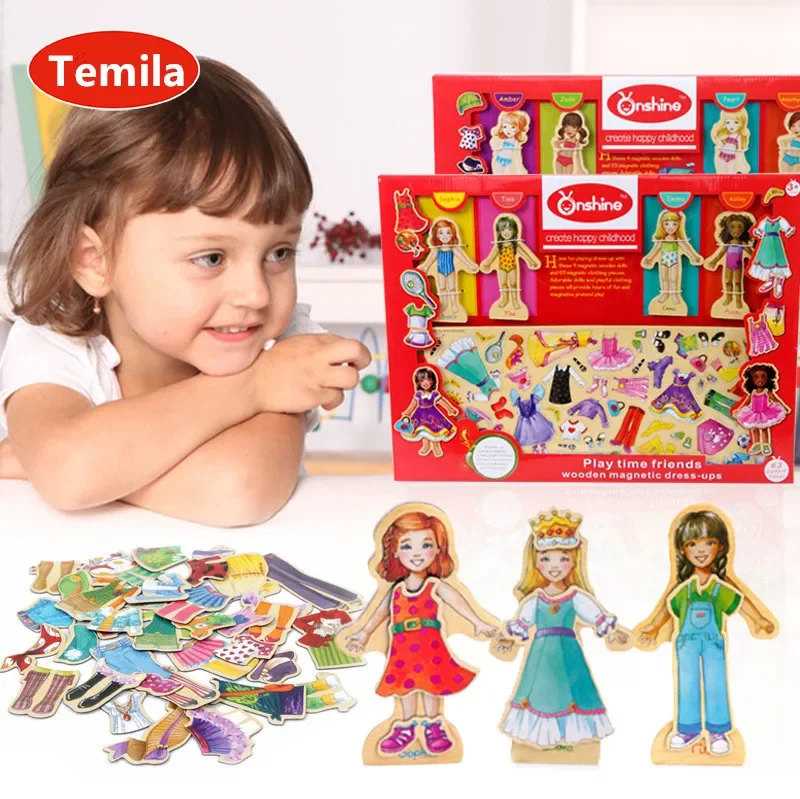 [Funny] 69pcs/set Wooden puzzle magnetic Cute Girl Dress Changing play house Toys kid's early education toys baby birthday gift