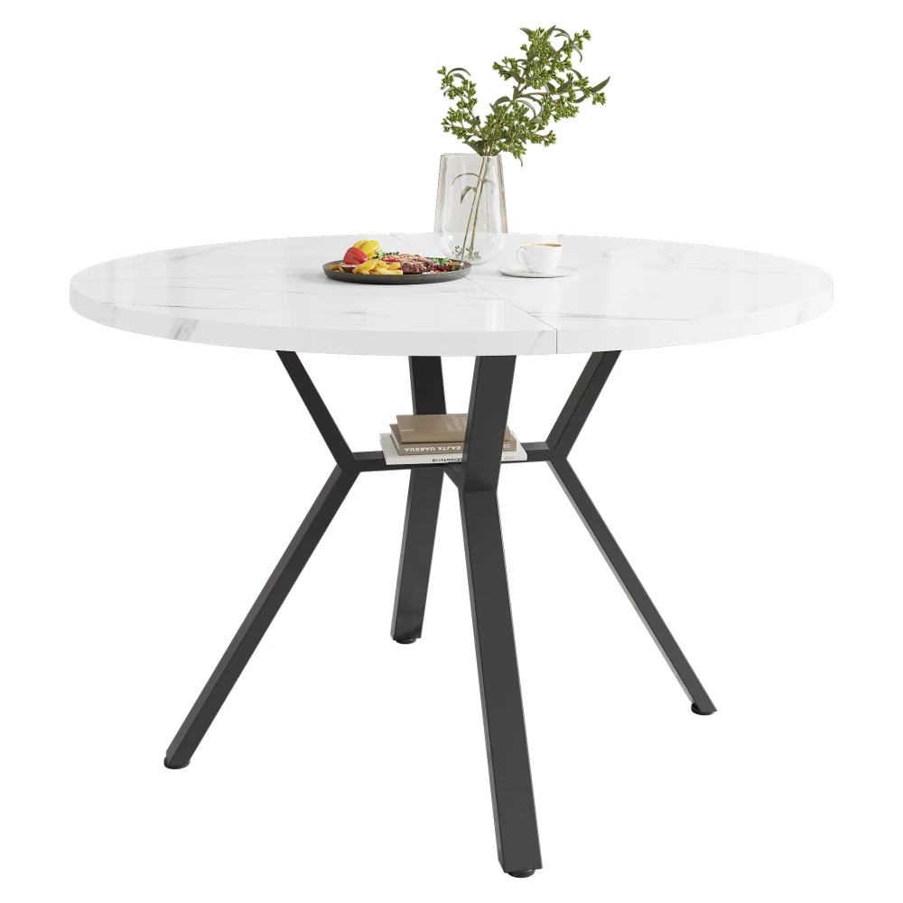 Moderner und einfacher runder Marmor-Esstisch (Durchmesser 1 m), X-förmiger Couchtisch mit Metallhalter, stabil und langlebig – Detail 24