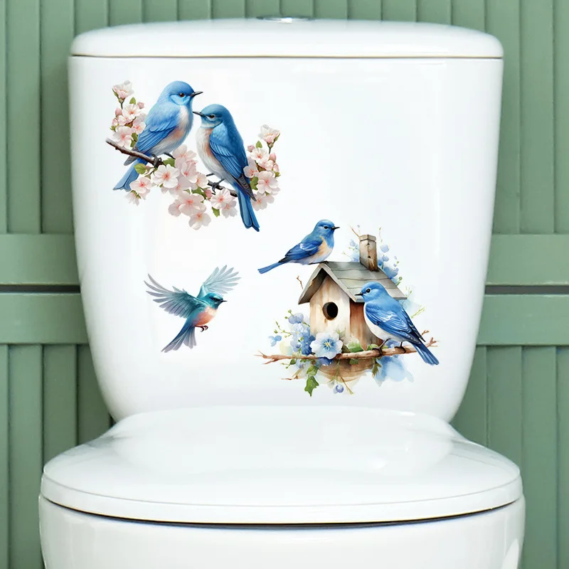 Toilet Stickers Removable Blue Bird Sticker for Toilet Lid with House Plant and Floral Design Suitable for Bathroom and Home Use Waterproof PVC