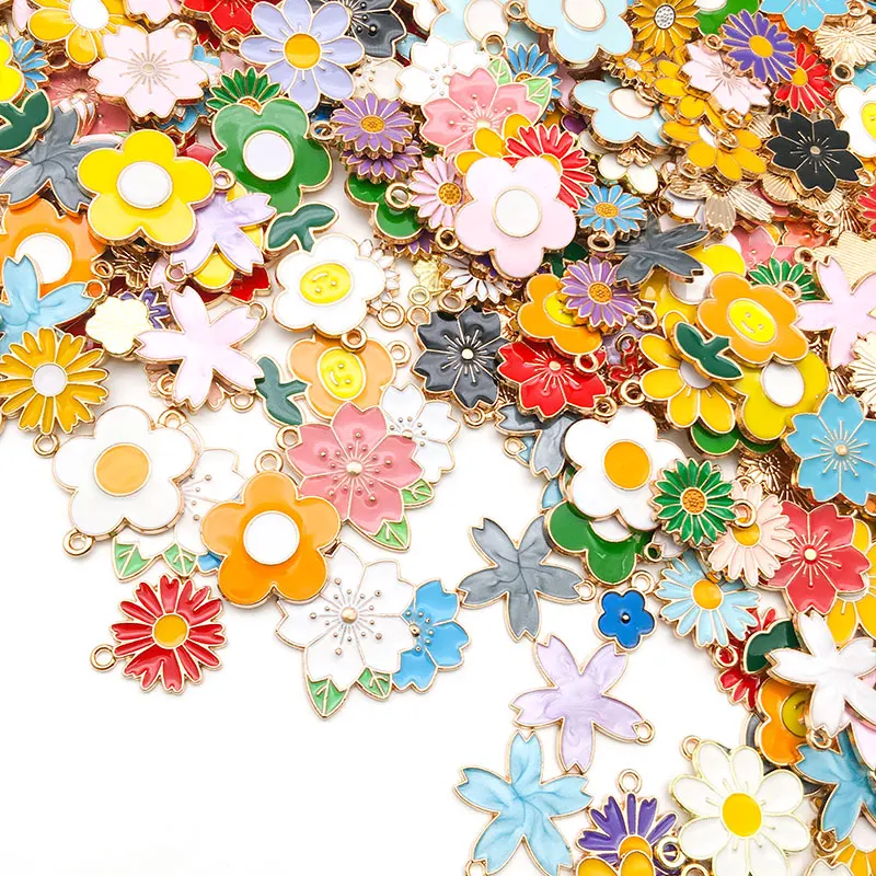 Mixed 20/30/50pcs Floral Series Flowers Charms Assorted Enamel Pendants For Jewelry Making DIY Necklace Bracelet Earrings Making