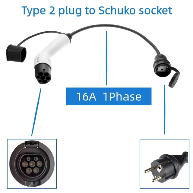 EV Adapter 16A Elektrische Fahrzeug Ladekabel Typ 2 IEC 62196 zu Schuko  Stecker Ladegerät 1-Phase