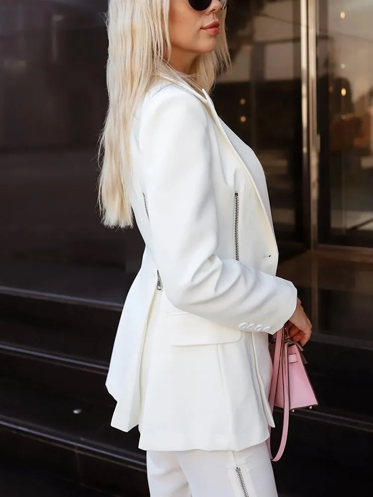 KBQ Patchwork Zipper Tunic Chic Blazer For Women Notched Collar Long Sleeve Spliced Buttons Temperament Blazers Female Fashion