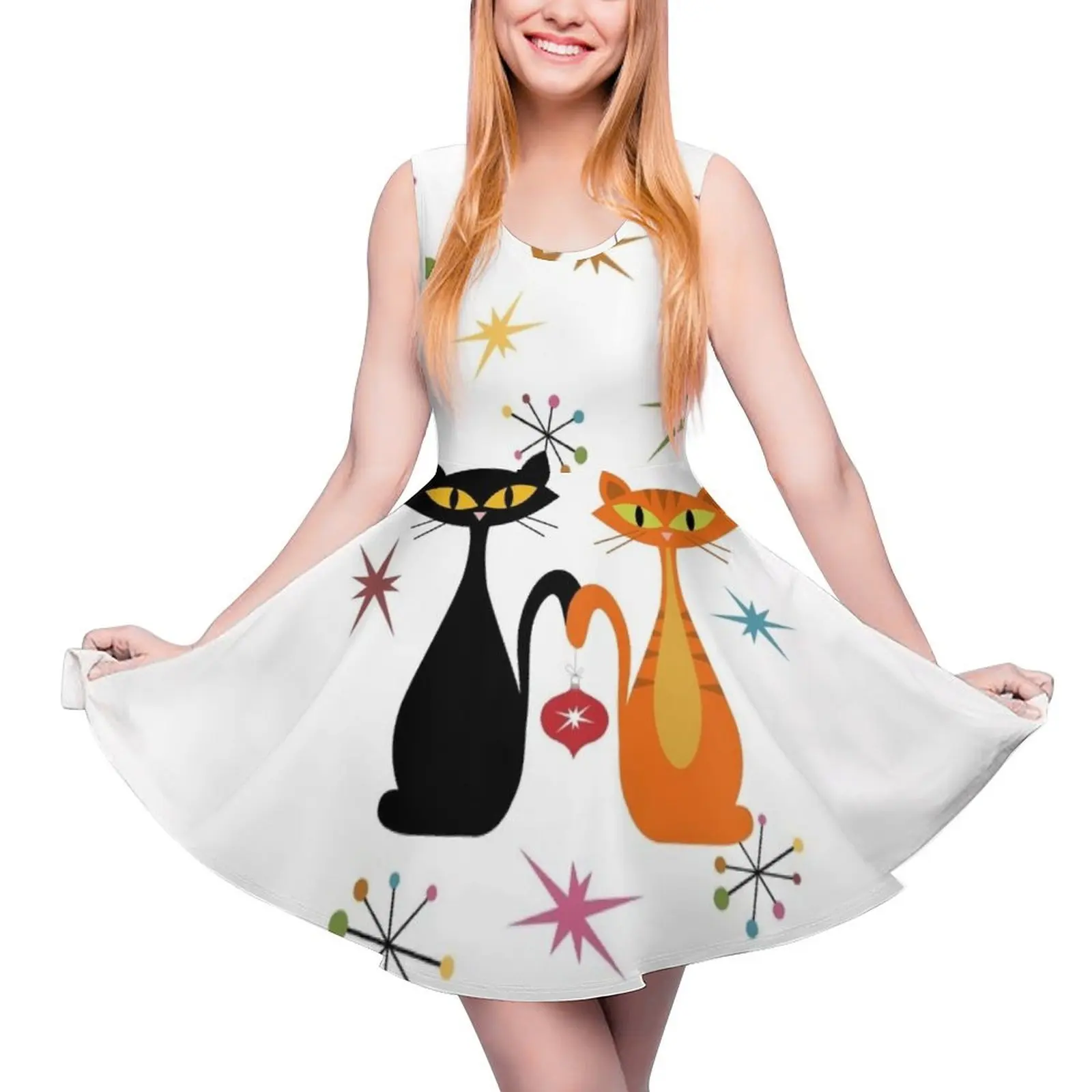 Mid Century orange and black cats Christmas Sleeveless Dress women evening dress dresses for woman