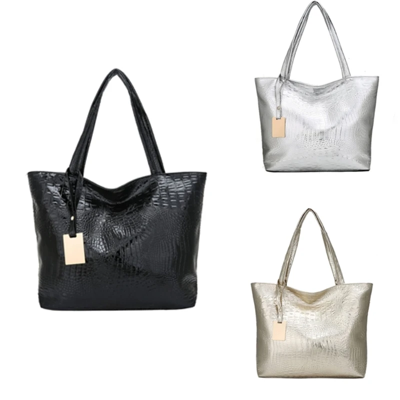 

E74B Women Casual Bag Fashionable PU Leather Metallic Handbag Large Capacity Alligator Pattern Shoulder Bag Shopping Bag