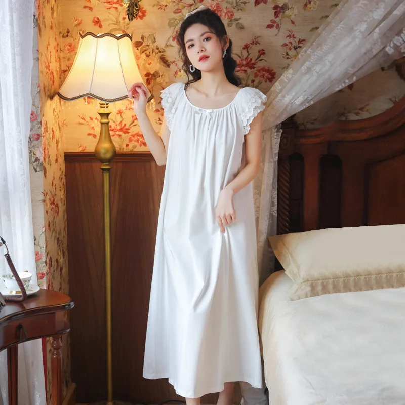 Summer Homewear White Cotton Lace Night Dress Women Sleepwear Skirt