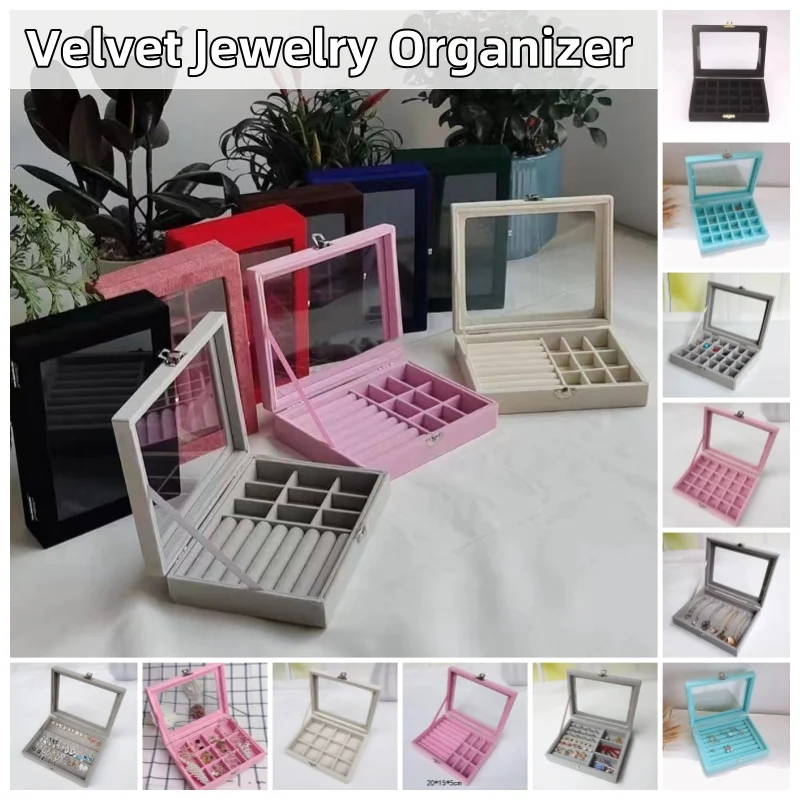 

Dustproof Velvet Jewelry Organizer with Glass Cover Various Styles Flocking Storage Box for Ring/Earrings/Necklace/Bracelet Case