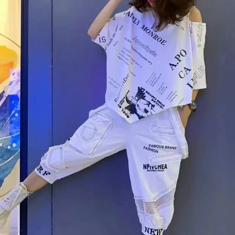 한국 여성 여름 야외 스포츠 레저 세트, 패셔너블 루즈한 티셔츠, 패치워크 할란 팬츠