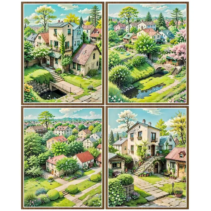 

CHENISTORY 60x75cm Paint By Number Green village Kits For Adults Handpainted DIY Pictures By Number On Canvas Home Decoration