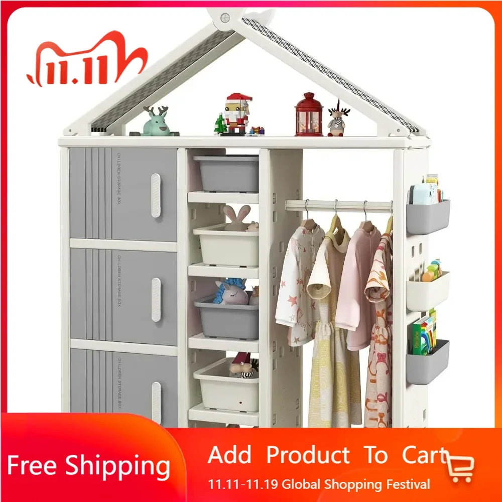 Kids Costume Storage Closet, Children Pretend Dresser Wardrobe, Open Hanging Armoire Closet with Storage Bins, Shelves