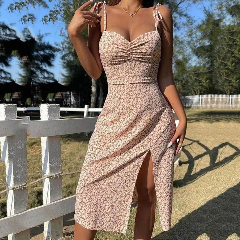 

Ardm Sexy Floral Print Pleated A-Line Split Summer Midi Dresses For Women 2022 Elegant Sleeveless Holiday Beach Dress Vestidos