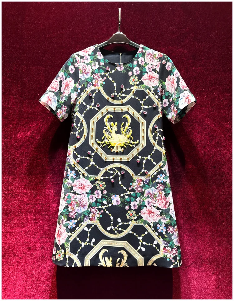 

European and American women's clothes 2024 spring new Round neck Short sleeve vintage floral print beaded Fashion dress XXL
