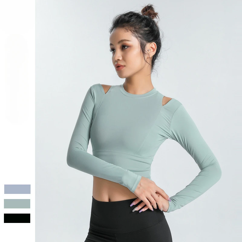 

AL YOGA Top Women's Spring/Summer Short Off Shoulder Sports Tight Clothing Slimming Off Navel Yoga Fitness Long Sleeves