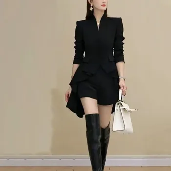 Autunno inverno delle donne nuovo elegante alla moda con scollo a v a maniche lunghe tinta unita Casual Versatile vestito giovanile da pendolarismo straniero 1