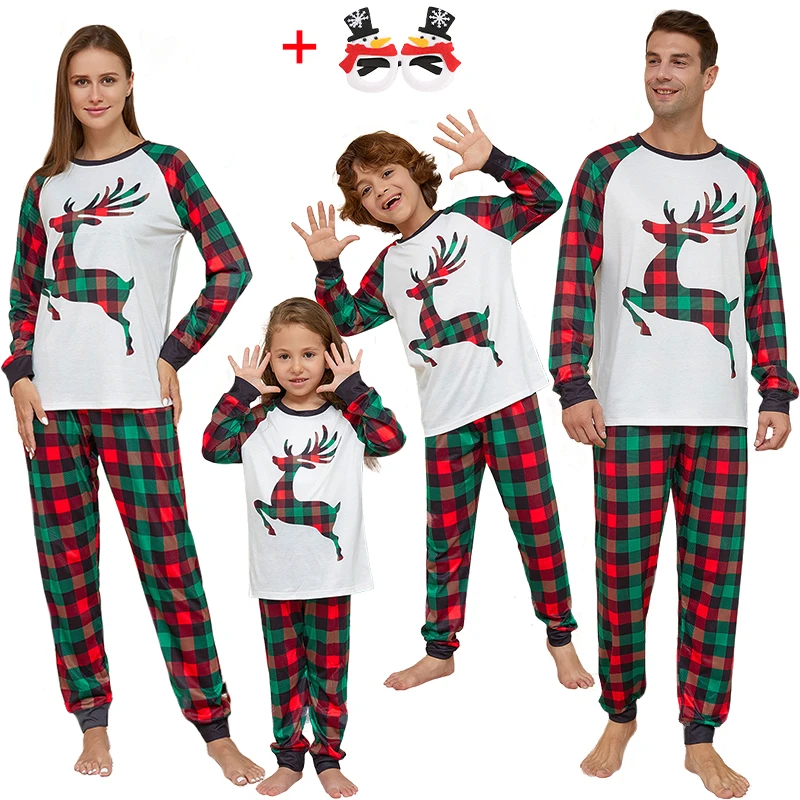 Conjunto de pijama navideño con estampado de alce, pantalones a cuadros, conjuntos a juego para toda la familia, pijamas para madres, niños, bebés y perros