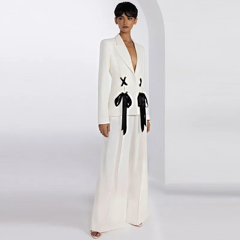 

Wedding White Women Suits Set Tie Lace Up 2 Pieces Blazer+Pants Female Spring Office Lady Business Work Wear Coat Prom Jacket