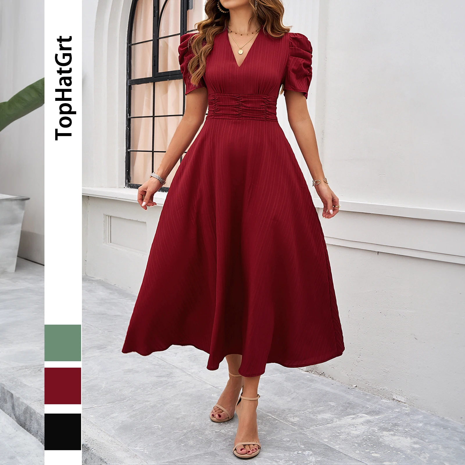 

2024 spring and summer women's elegant solid color waist dress