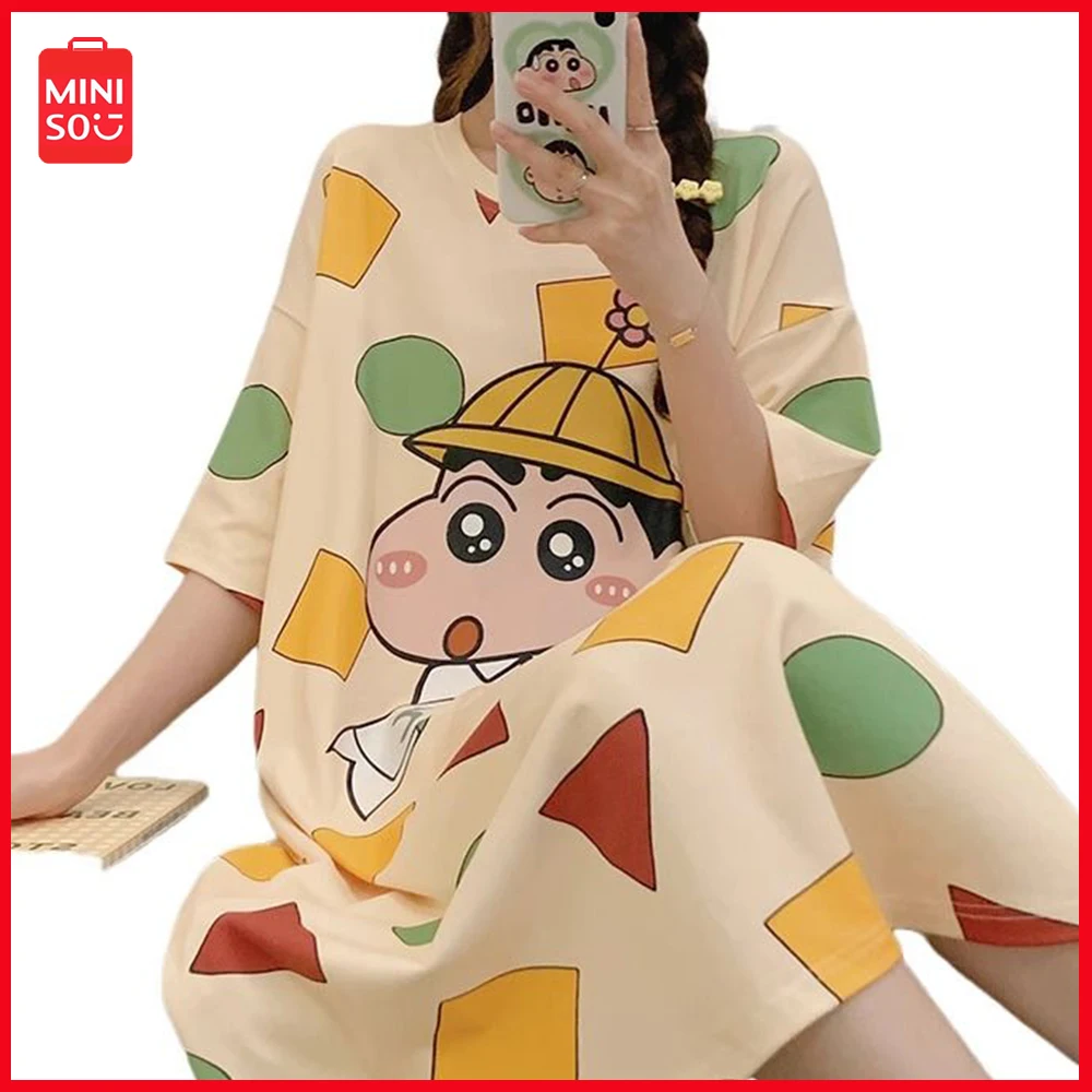 

2023 Miniso Crayon Shin Chan Cartoon Anime Korean Version Women's Oversized 150Kg Oversized Nightgown Autumn Versatile Homewear