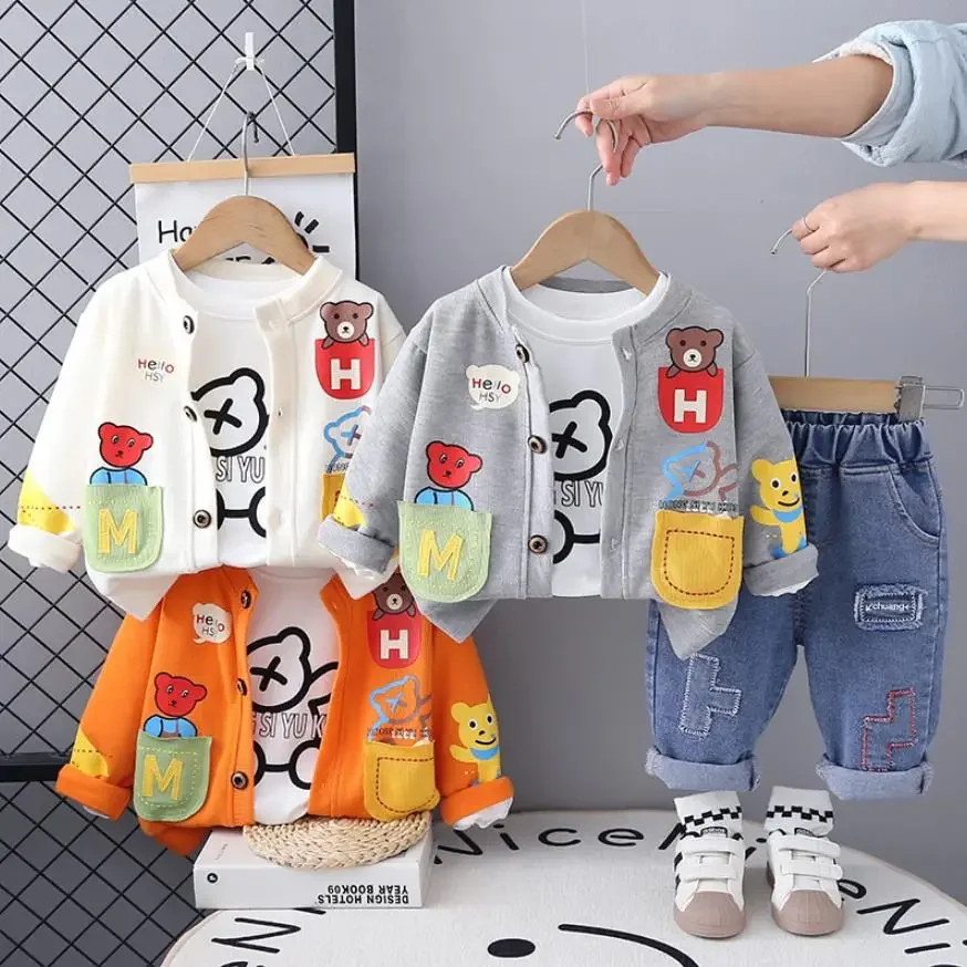 Toddler Boys Sets Korean Style Clothes for Kids Baby Cartoon Cardigan Coat + White T-shirt + Pants Tracksuits Boutique Outfits
