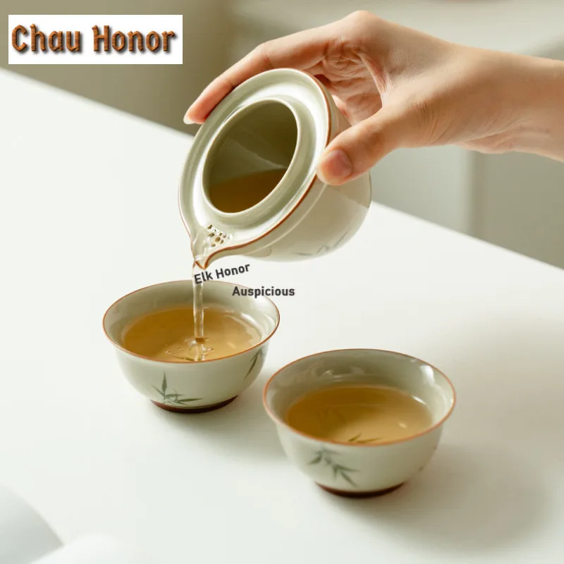 Hand-painted Ash Bamboo Green Travel Tea Set Kit Luxury 1 Pot 2 Cups Tea Brewing Organizer Portable Camping Stock Bags Ornaments