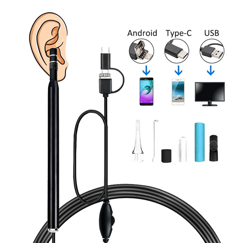 

USB Visual Ear Wax Cleaning Endoscope Spoon 5.5mm Mini Borescope Android PC Earwax Pick Tool Health Care Otoscope Camera Black