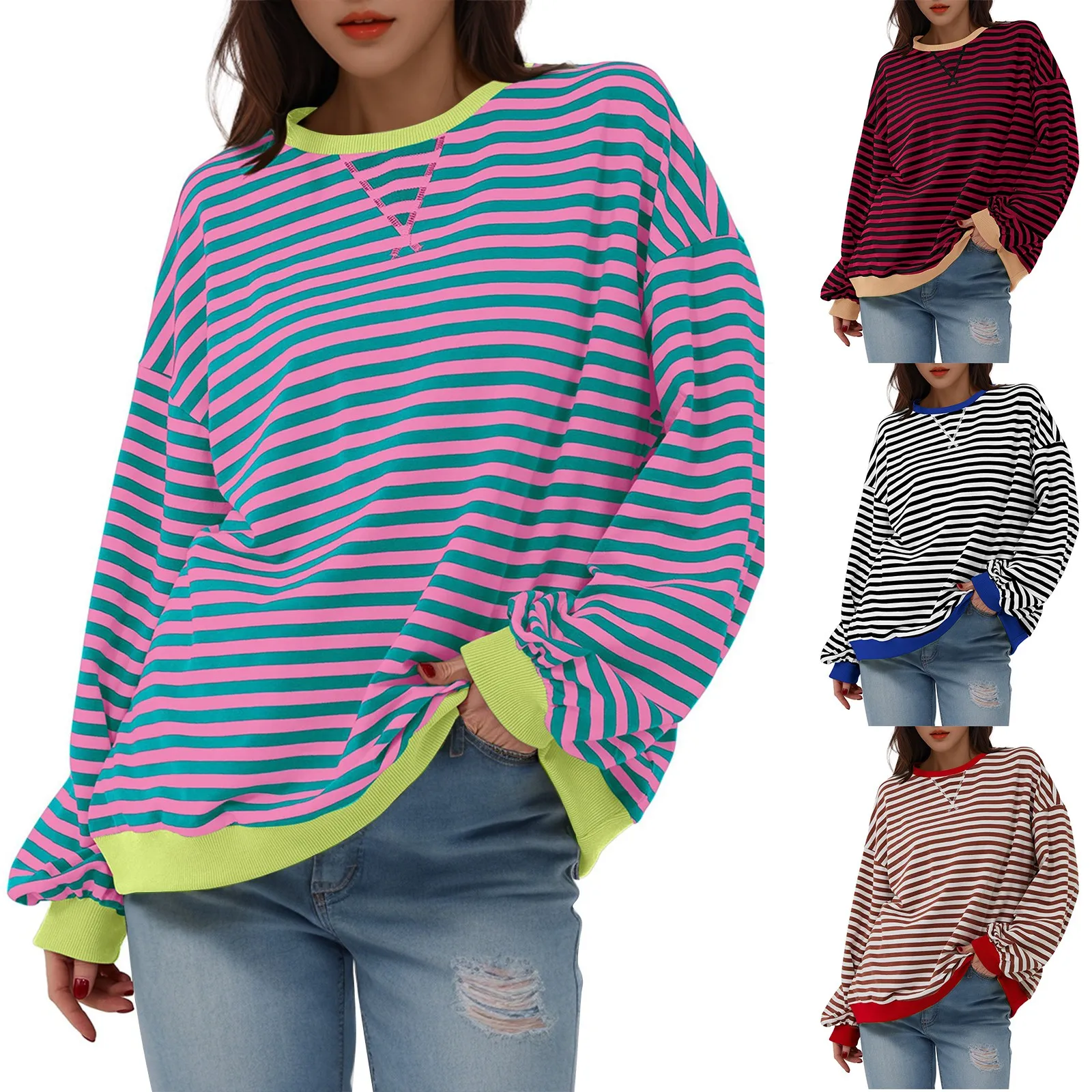 New Women'S Oversized Striped Color Blocking Long Sleeved Round Neck Sports Shirt Casual Loose Fitting Pullover Shirt Top