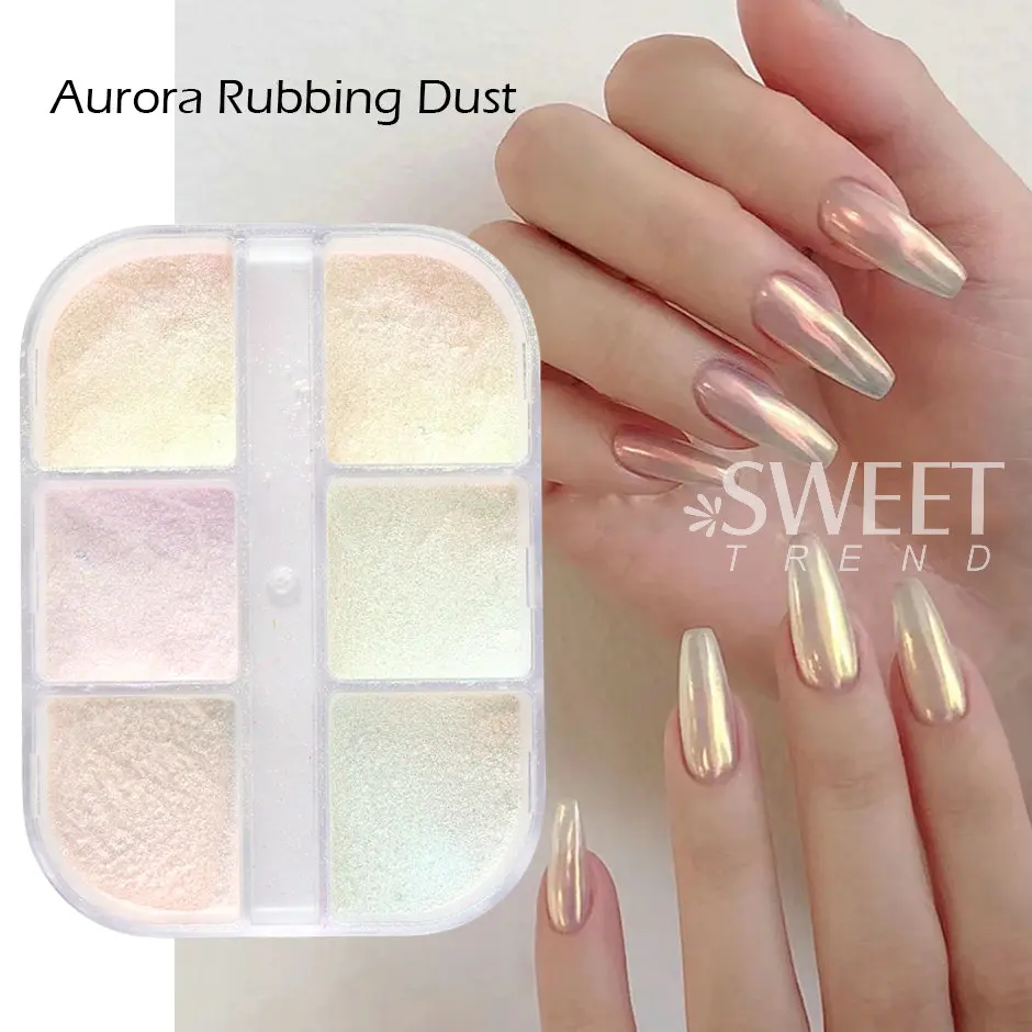 6Grids Fairy Aurora Chrome Nail Glitter Pigment Irridescent White Pearl Rubbing Dust Wedding Summer Powder Mirror Manicure Decor