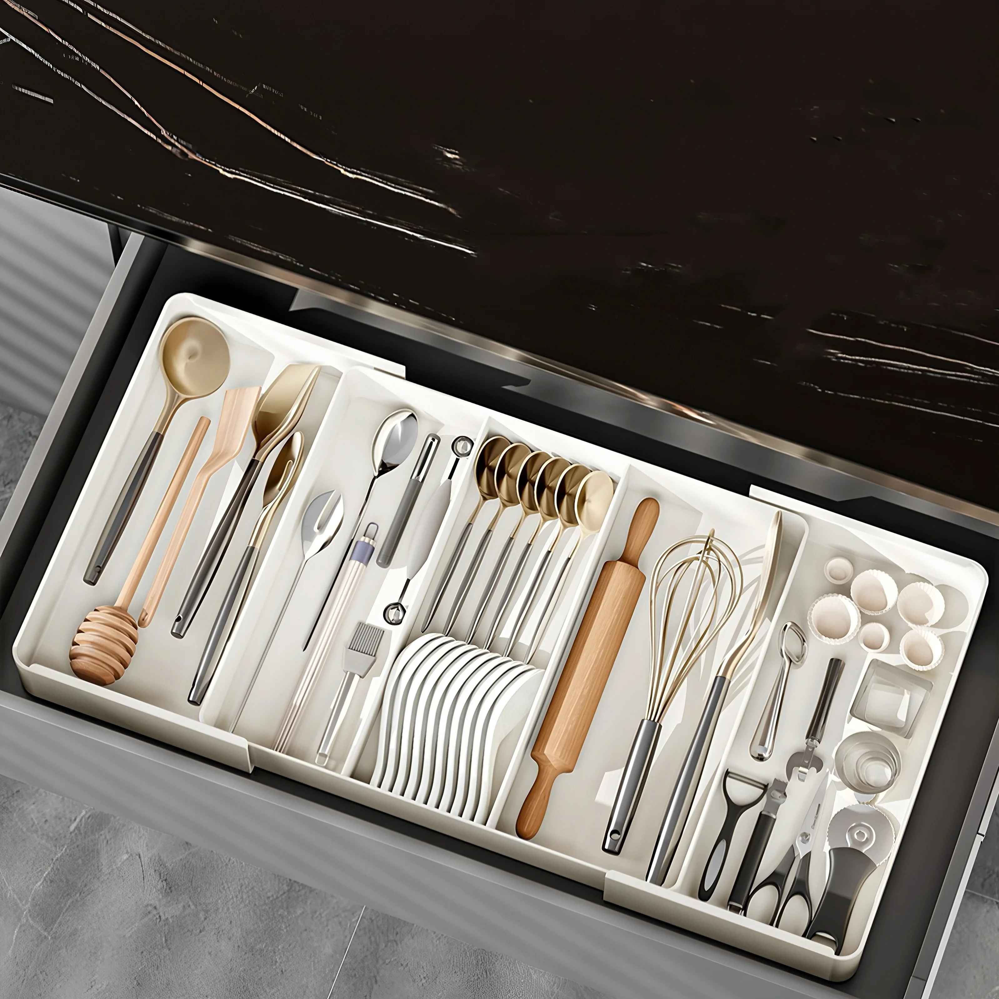 Versatile Adjustable Plastic Organizer Set Lightweight Large Capacity for Desk Drawer Coffee Bar Kitchen & Office storage box rotating storage organizer