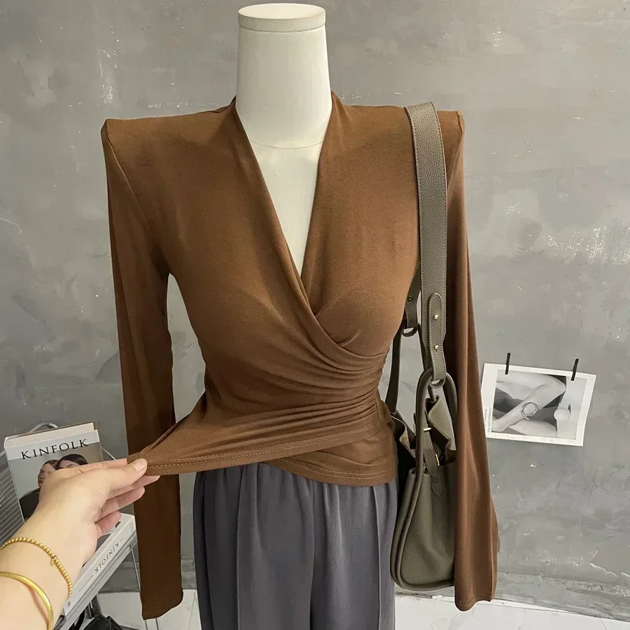 Wholesale Base Slim T Shirts Women Autumn Winter Tight Strecth Top Long  Sleeve Basic Folds Skinny Solid Sexy V Neck T Shirt - AliExpress, image size:900x900