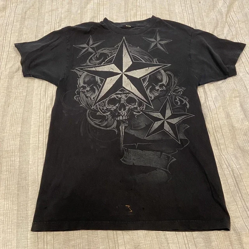 2024 New Red Top Star Print Pattern T-Shirt Retro Cyber