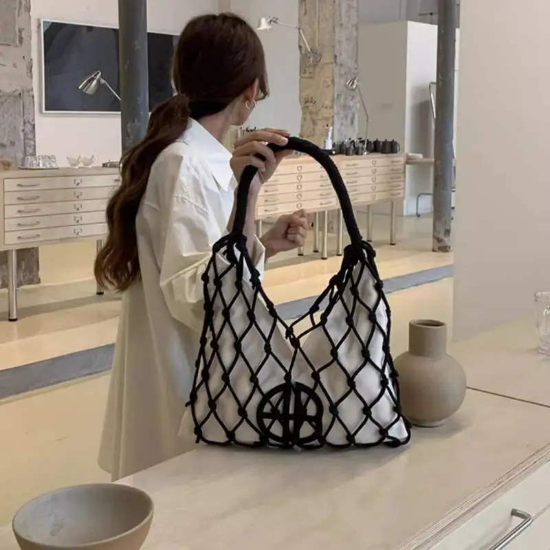 Canvas Knitted Summer Fashion Women's Handbag Knitted Pretty Hollow Crochet Beach Wallet 2024 Women's Hobo Bag Handbag