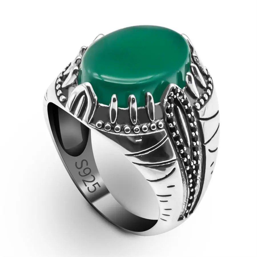 

100% Solid Real S925 High Quality 8g Pure Silver Men Ring Agate Green Fashion Couple Gift