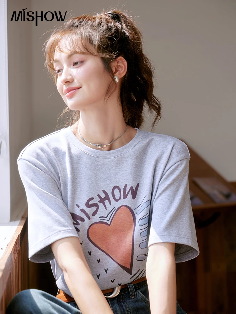 

MISHOW Love Printing T-shirt 2023 Summer Memphis Letter Pattern Loose Straight Tops Cotton O-Neck Casual Female Tees MXC39T0115