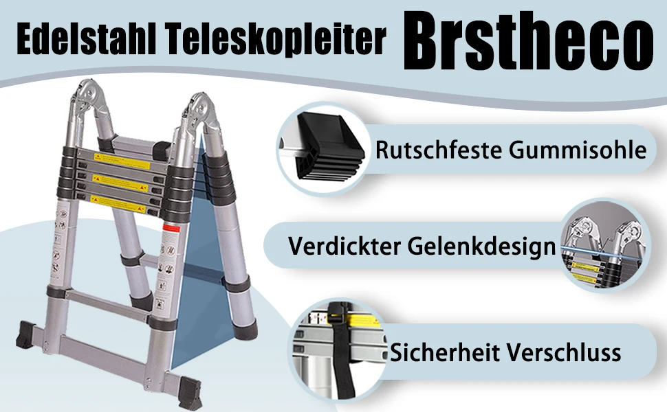 Stainless steel telescopic ladder shown fully extended