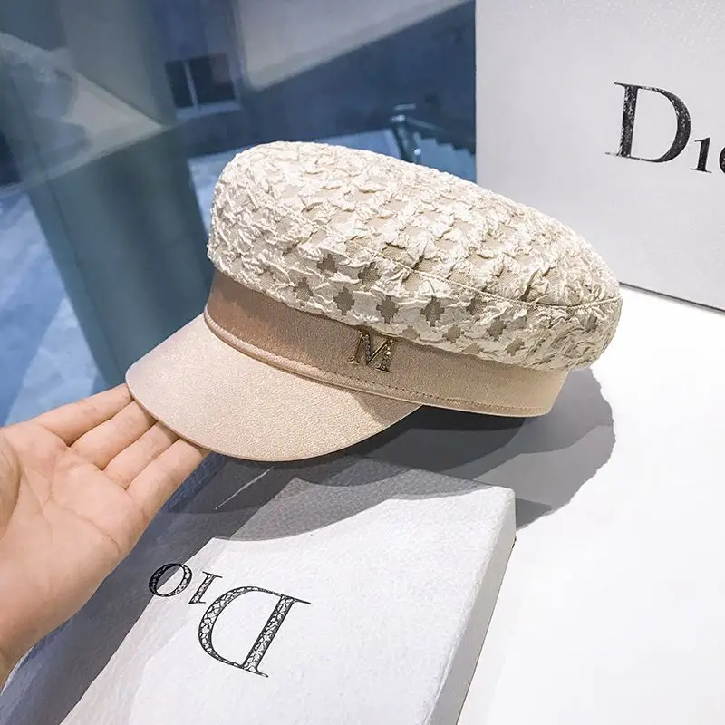 Trendy Designer Pleated Satin Flat Top Navy Octagon Hats for Women Retro Rhinestone Letter Beret Spring women beret women hats