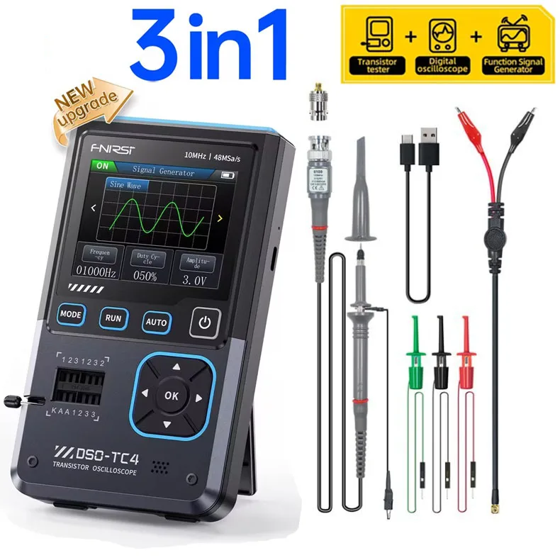 FNIRSI DSO-TC4 Upgrade 3 in 1 Digital Oscilloscope 10MHz 48Ms/s Transistor Tester Electronics Component Tester USB Charger Tools digital oscilloscope transistor tester