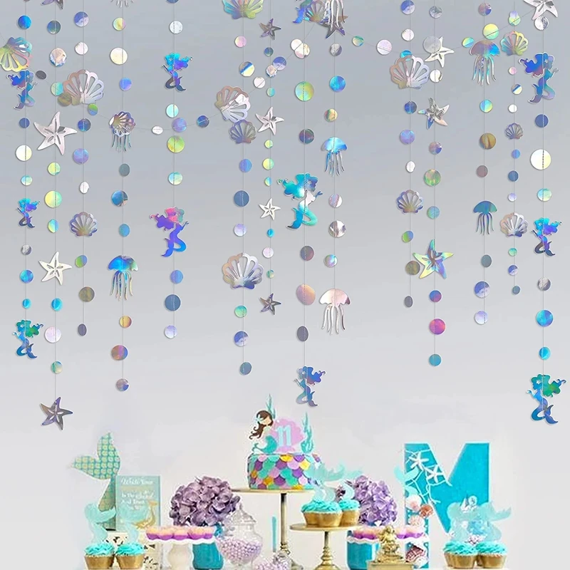 Iridescent Mermaid Birthday Banners Under The Sea Party Hanging Decorations Starfish Jellyfish Paper Garlands Baby Shower Girl