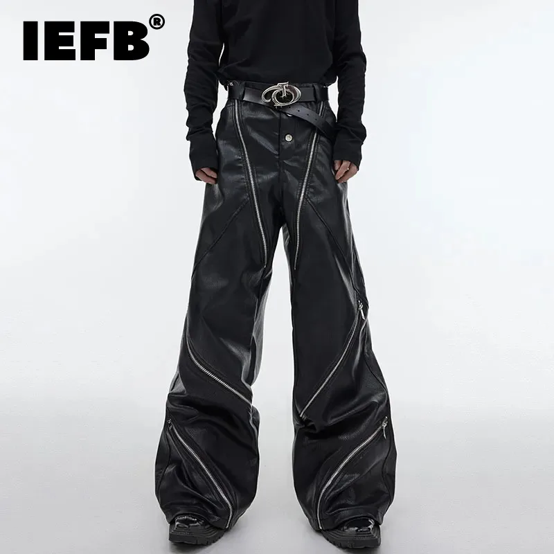 

IEFB Fashion Men PU Leather Pants Niche Design Splicing Wide Leg Trousers High Waisted Mulit Zipper Trend New Streetwear 9C2732