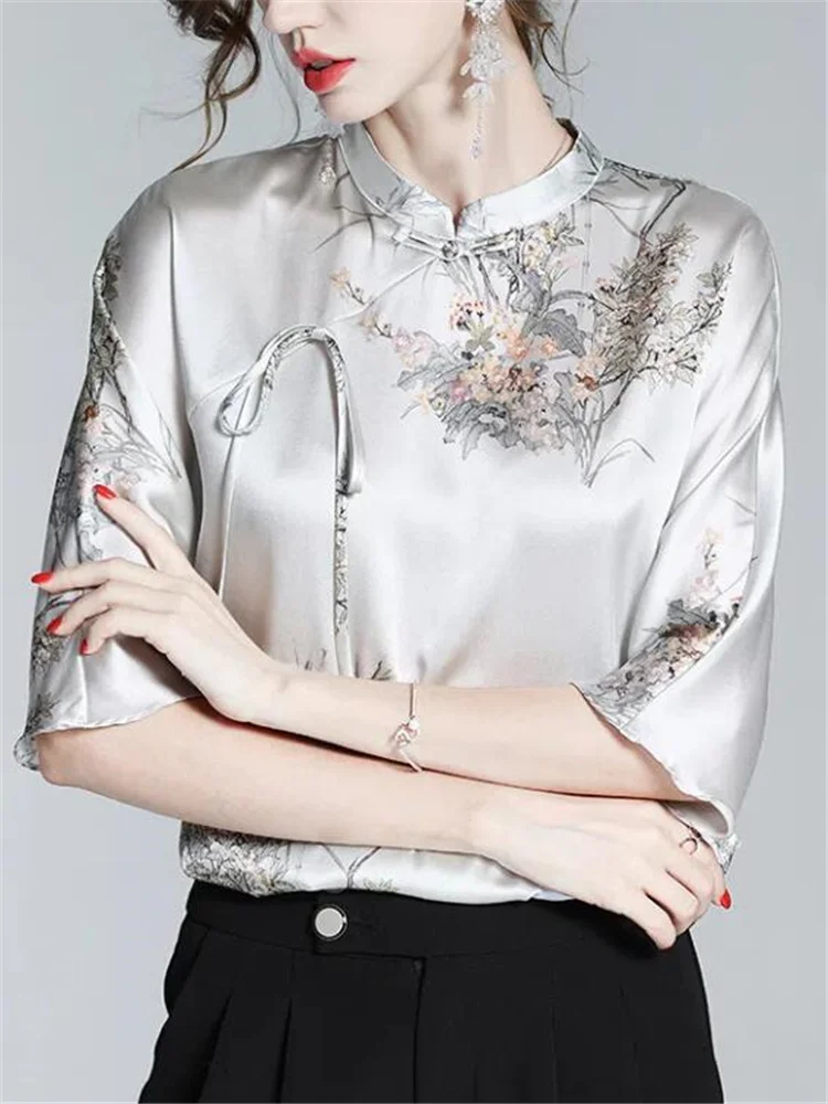 Vintage Pullover Shirt Ladies Blouses National Style Summer Half Sleeve Top  Retro Button Strap Print High-grade Women\'s Blouses