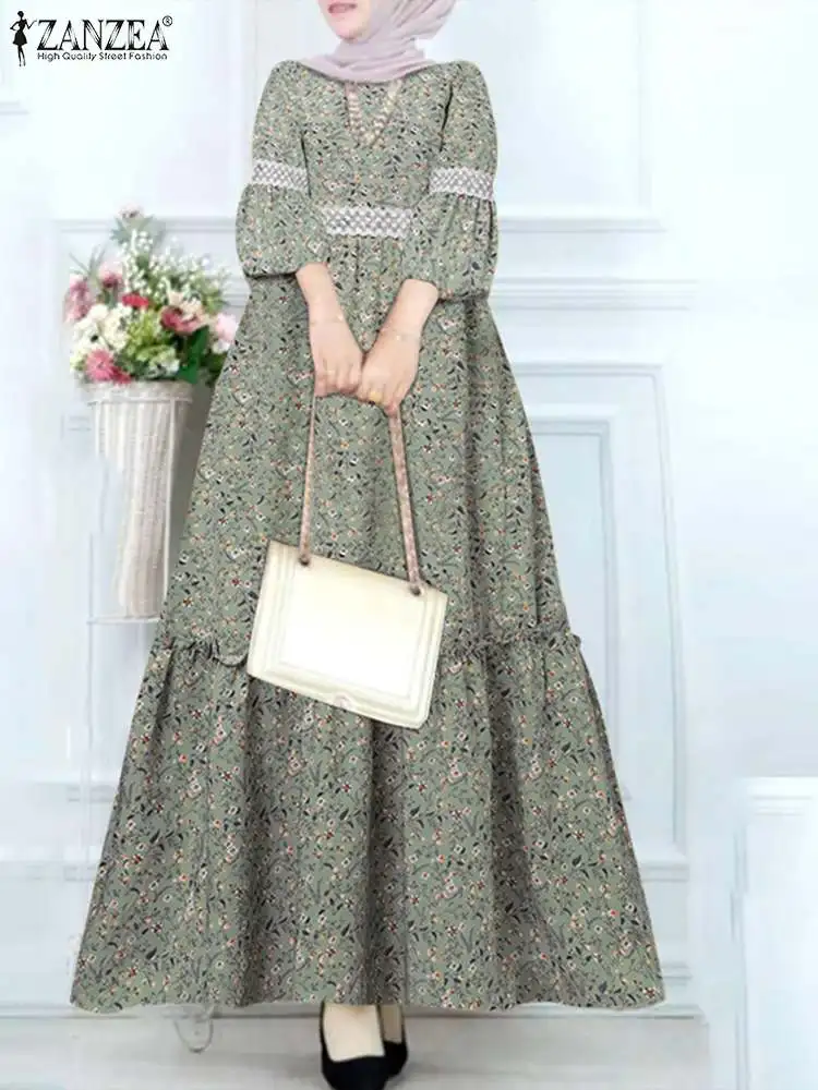 

2023 ZANZEA Woman Fashion Muslim Dress Floral Printed Sundress Long Sleeve O-Neck Maxi Robe Eid Mubarek Elegant Party Vestidos