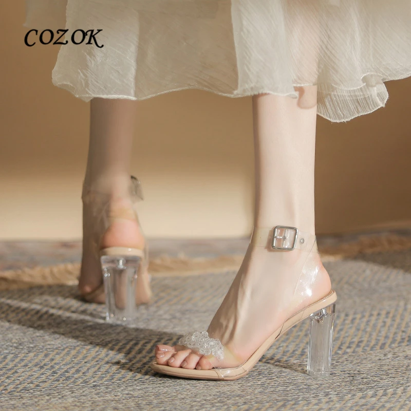 

Summer Sexy Clear Sandals Open Toe Fashion Crystal Women High Square Heels