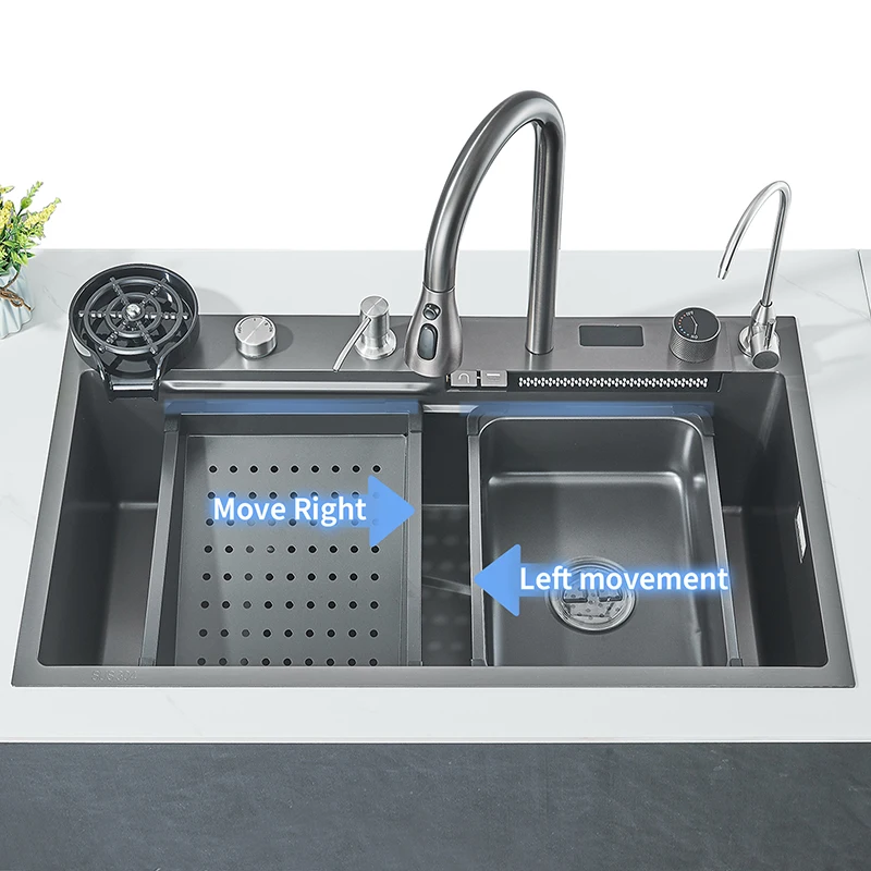 Shinesia 304 Stainless Steel Kitchen Sink Digital Display Large Single Sink Dish Basin Sink With Multifunction Waterfall Faucet 3