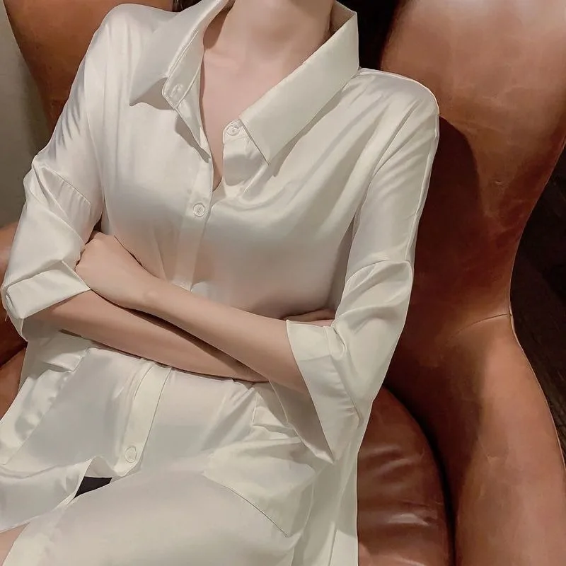 Nightdress Women Spring Summer Ice Silk Sexy Thin Sleepshirts White Shirt Internet Red Mid-length Artificial Silk Pajamas