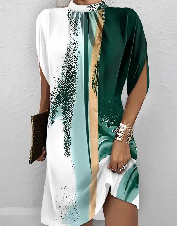 

Dresses for Women 2023 Summer Fashion Tie Dye Print Mock Neck Casual Mini Straight Dress Female Vacation Vestidos Clothes
