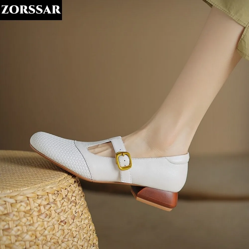 

Women Genuine Leather Mary Janes Square Toe Flat Buckle Shallow Ladies Fashion Career Shoes Spring Autumn White Big Size 34-42