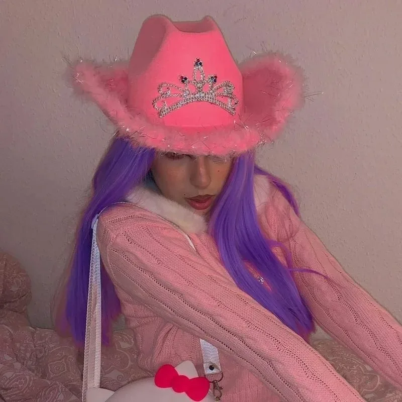 Pink Feather Western Cowboy Hat Women British Retro Jazz Caps Theme Party Halloween Carnival Hats Wide Brim Wool Felt Hat