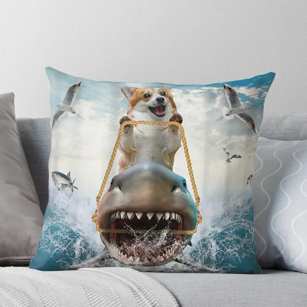 

Corgi Funny Shower Curtain, Corgi Riding shark shower Curtain, Shark and Corgi , lover t shirt and many more Throw Pillow