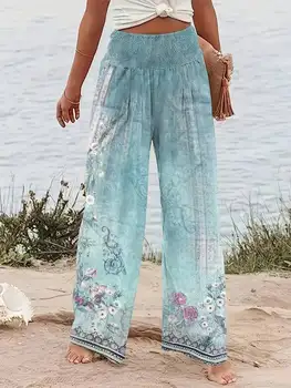 Home 24 Plus Size 1XL-5XL Women Fashion Multi-color splicing Fashion Female Casual High Waisted Loose Long Trousers Wide Leg Pants
