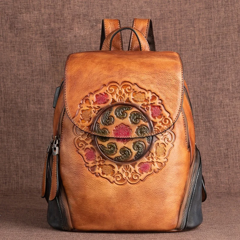 

Retro Genuine Leather Backpack Women Bag 2023 Winter Handmade Embossing Floral Large Capacity Bagpack Female Vintage Backpacks