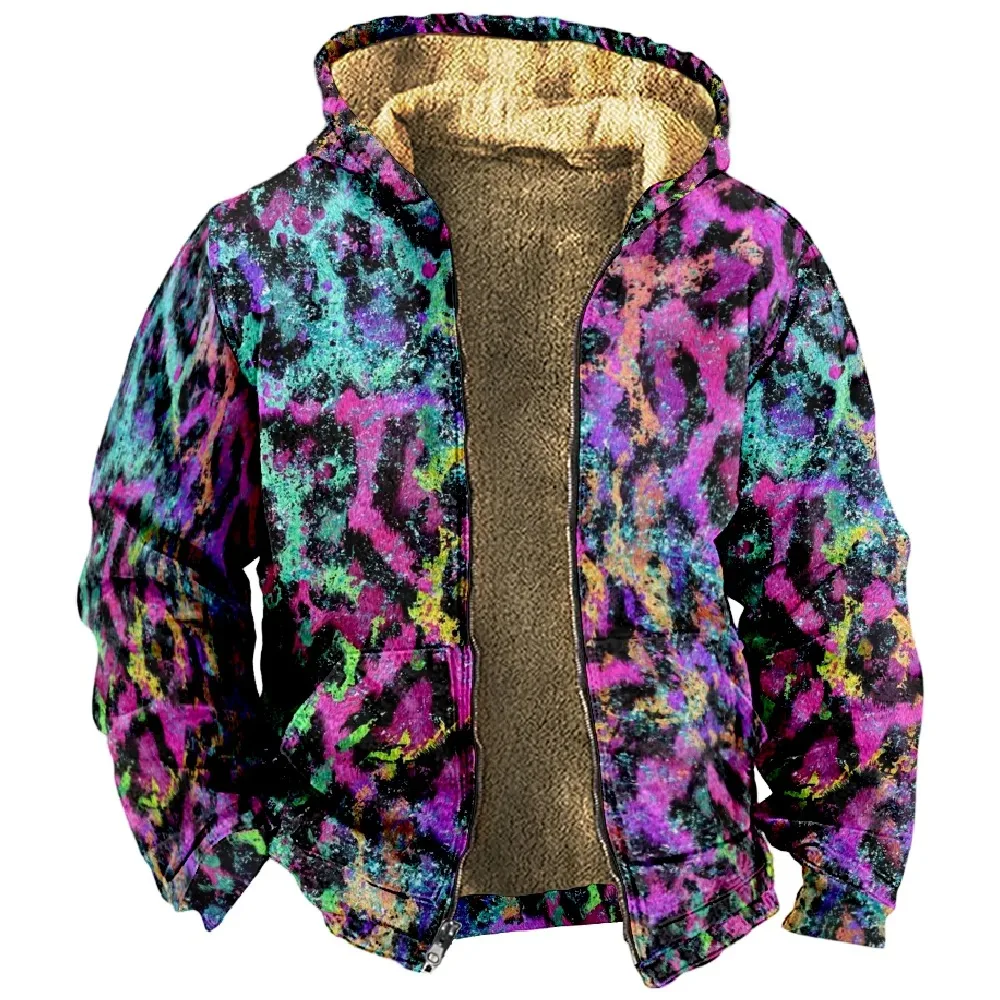 Winter Coats For Men Women Leopard Print Animal Tie Dye Hoodie Long Sleeve Stand Collar Zipper Sweatshirt Fashion Clothes 2024
