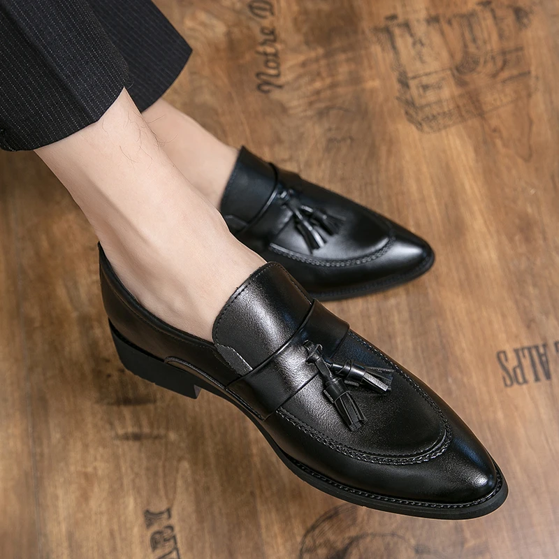 

New Fashion Lefu Shoes Men Pointed Toe One Step Lazy Shoes Casual Bean Tassels Formal Shoes PU Black Brown Size 38-48 Men Shoes